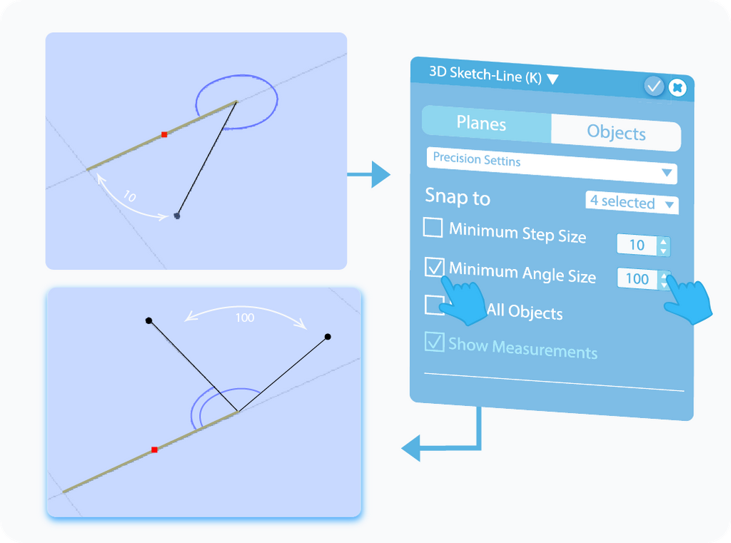 Toggle to enable and customize the Minimum Angle Step feature in 3D Sketch